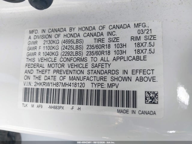 2HKRW1H87MH418120 Honda Cr-v 2wd Ex-l