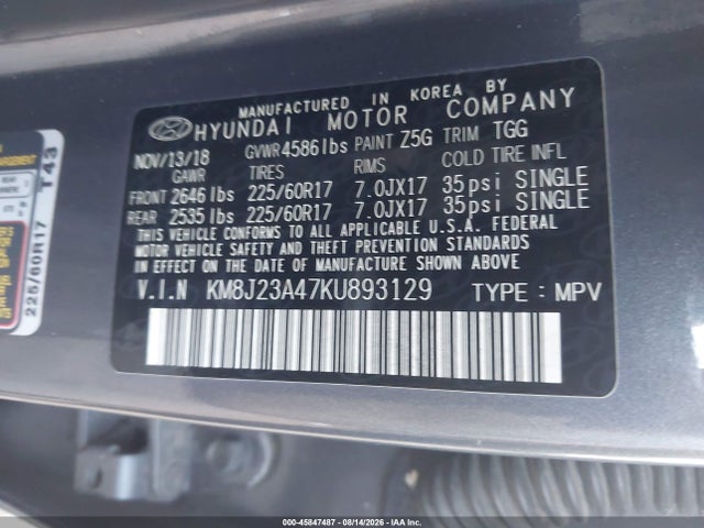 Продажа на аукционе авто 2019 Hyundai Tucson Se, vin: KM8J23A47KU893129, номер лота: 45847487