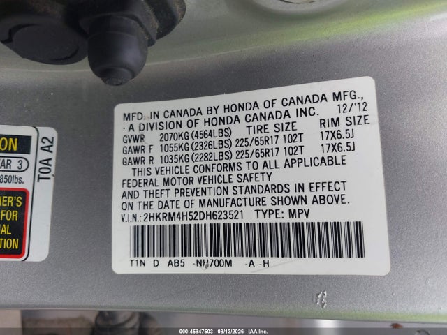 45847503 :رقم المزاد ، 2HKRM4H52DH623521 vin ، 2013 Honda Cr-v Ex مزاد بيع
