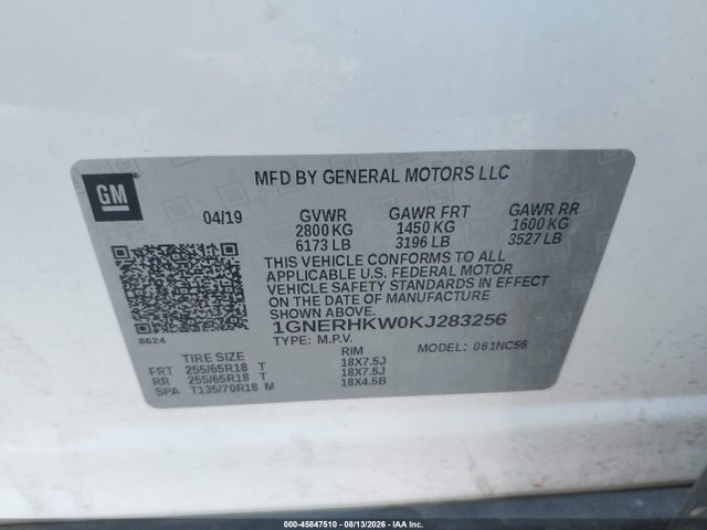 2019 Chevrolet Traverse 3lt მანქანა იყიდება აუქციონზე, vin: 1GNERHKW0KJ283256, აუქციონის ნომერი: 45847510