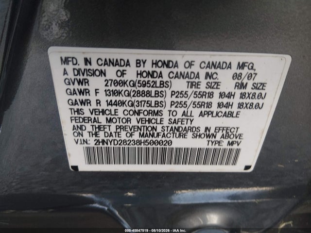 2008 Acura Mdx მანქანა იყიდება აუქციონზე, vin: 2HNYD28238H500020, აუქციონის ნომერი: 45847519