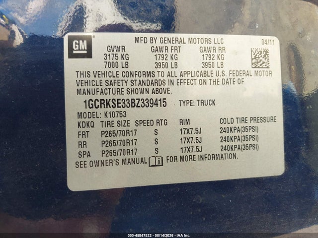 Продажа на аукционе авто 2011 Chevrolet Silverado 1500 Lt, vin: 1GCRKSE33BZ339415, номер лота: 45847522