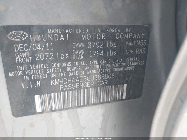 Продажа на аукционе авто 2012 Hyundai Elantra Gls (ulsan Plant), vin: KMHDH4AE3CU386806, номер лота: 45847530