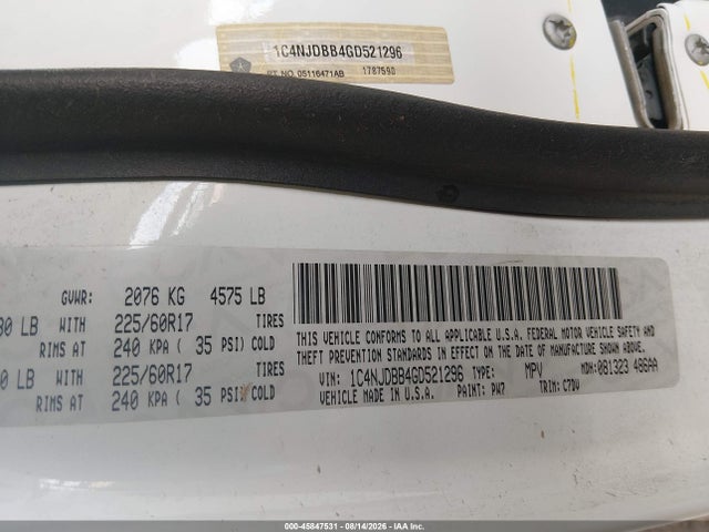 Aukcja sprzedaży 2016 Jeep Compass Sport, vin: 1C4NJDBB4GD521296, numer aukcji: 45847531