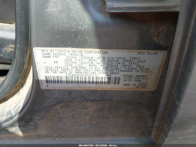 45847550 :رقم المزاد ، JTEGD20V040022737 vin ، 2004 Toyota Rav4 مزاد بيع