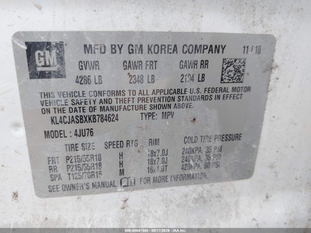 45847560 :رقم المزاد ، KL4CJASBXKB784624 vin ، 2019 Buick Encore Fwd Preferred مزاد بيع