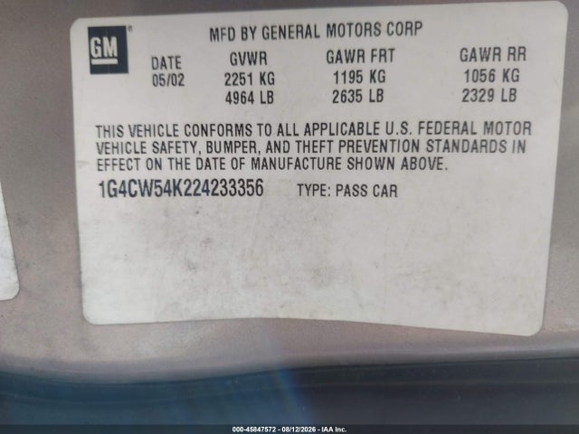 Aukcja sprzedaży 2002 Buick Park Avenue, vin: 1G4CW54K224233356, numer aukcji: 45847572