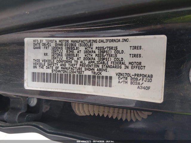 2001 Toyota Tacoma Base V6 მანქანა იყიდება აუქციონზე, vin: 5TEHN72N11Z847827, აუქციონის ნომერი: 45847573
