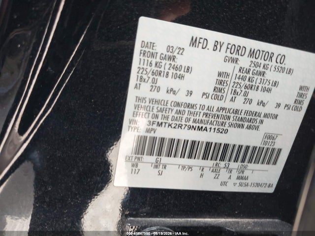 Продажа на аукционе авто 2022 Ford Mustang Mach-e California Route 1, vin: 3FMTK2R79NMA11520, номер лота: 45847590