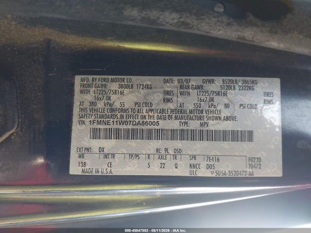 45847592 :رقم المزاد ، 1FMNE11W07DA86005 vin ، 2007 Ford E-150 Chateau/xl/xlt مزاد بيع