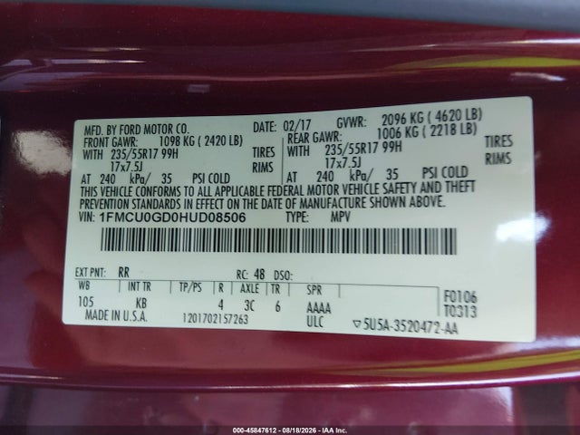 2017 Ford Escape Se მანქანა იყიდება აუქციონზე, vin: 1FMCU0GD0HUD08506, აუქციონის ნომერი: 45847612