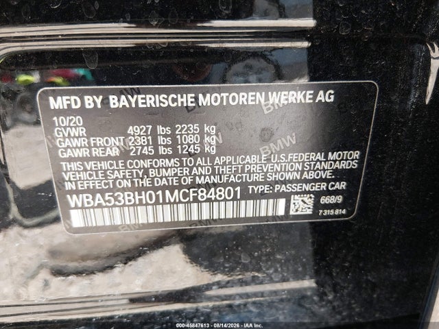 Aukcja sprzedaży 2021 Bmw 530 I, vin: WBA53BH01MCF84801, numer aukcji: 45847613
