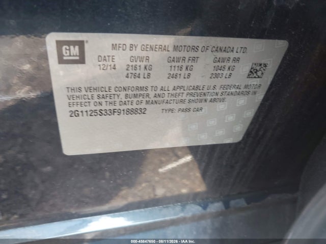2015 Chevrolet Impala 2lt მანქანა იყიდება აუქციონზე, vin: 2G1125S33F9188832, აუქციონის ნომერი: 45847650