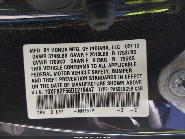45847657 :رقم المزاد ، 19XFB2F56DE219447 vin ، 2013 Honda Civic Lx مزاد بيع