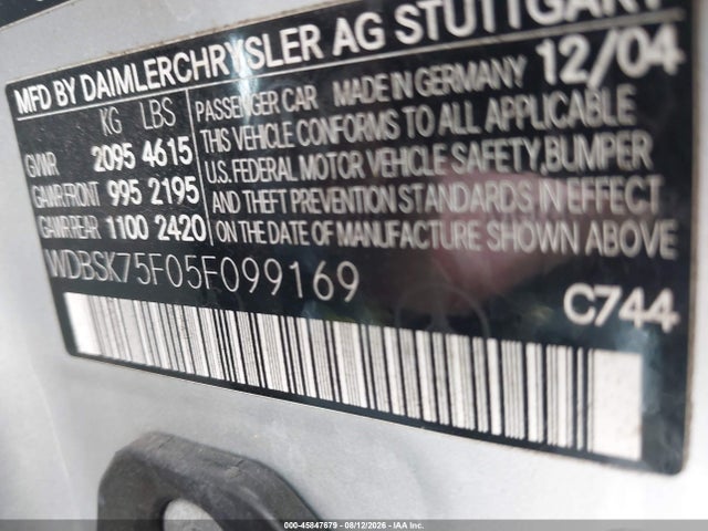 Продаж на аукціоні авто 2005 Mercedes-benz Sl 500, vin: WDBSK75F05F099169, номер лоту: 45847679