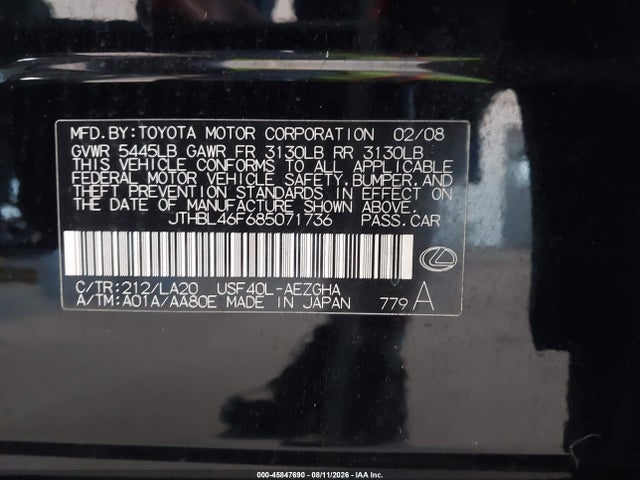 2008 Lexus Ls 460 მანქანა იყიდება აუქციონზე, vin: JTHBL46F685071736, აუქციონის ნომერი: 45847690