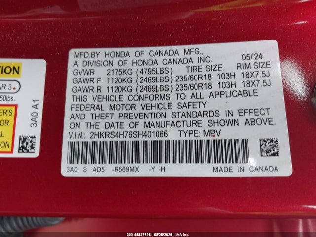 Продажа на аукционе авто 2025 Honda Cr-v Ex-l Awd, vin: 2HKRS4H76SH401066, номер лота: 45847696