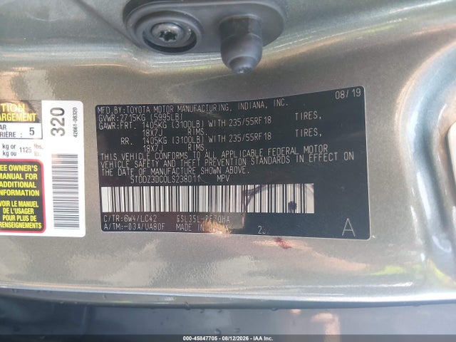 Aukcja sprzedaży 2020 Toyota Sienna Xle, vin: 5TDDZ3DC0LS238011, numer aukcji: 45847705