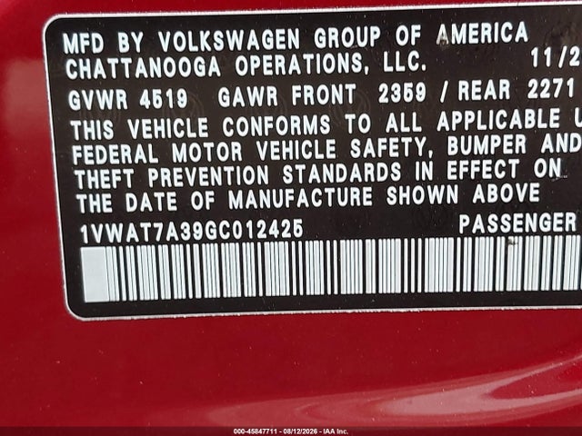 2016 Volkswagen Passat 1.8t R-line/1.8t S მანქანა იყიდება აუქციონზე, vin: 1VWAT7A39GC012425, აუქციონის ნომერი: 45847711