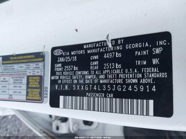 45847712 :رقم المزاد ، 5XXGT4L35JG245914 vin ، 2018 Kia Optima S مزاد بيع