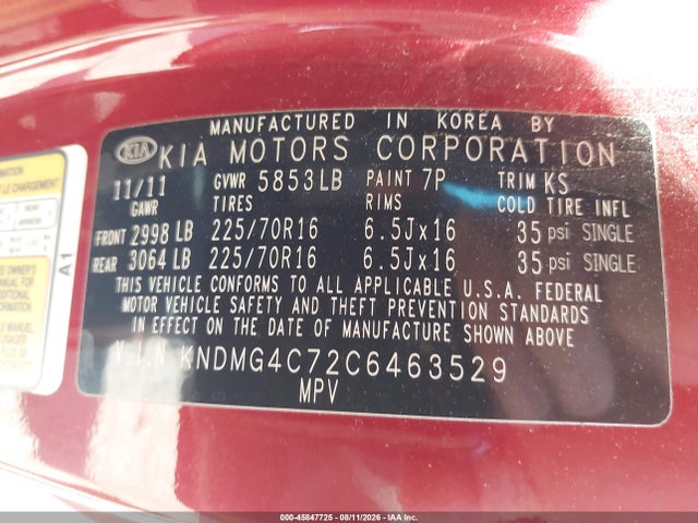 45847725 :رقم المزاد ، KNDMG4C72C6463529 vin ، 2012 Kia Sedona Lx مزاد بيع