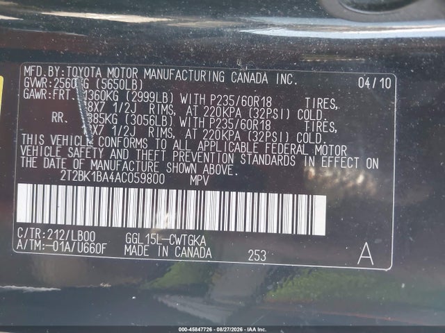 45847726 :رقم المزاد ، 2T2BK1BA4AC059800 vin ، 2010 Lexus Rx 350 مزاد بيع