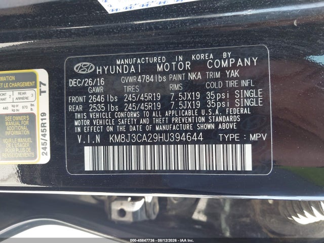 Продажа на аукционе авто 2017 Hyundai Tucson Limited, vin: KM8J3CA29HU394644, номер лота: 45847736