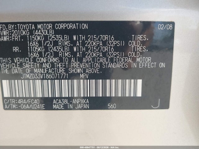 Aukcja sprzedaży 2008 Toyota Rav4, vin: JTMZD33V186071771, numer aukcji: 45847751