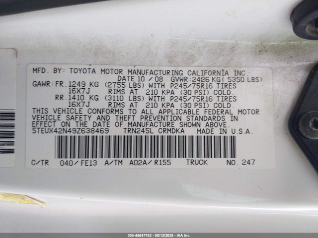 45847762 :رقم المزاد ، 5TEUX42N49Z638469 vin ، 2009 Toyota Tacoma مزاد بيع