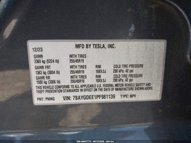 Продаж на аукціоні авто 2023 Tesla Model Y Awd/long Range Dual Motor All-wheel Drive, vin: 7SAYGDEE1PF981139, номер лоту: 45847778
