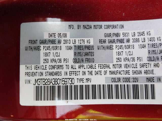 45847786 :رقم المزاد ، JM3TB28A380159730 vin ، 2008 Mazda Cx-9 Touring مزاد بيع