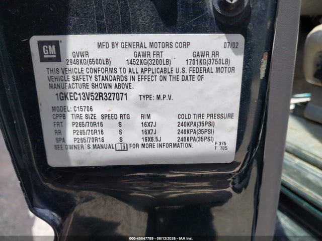 2002 Gmc Yukon Slt მანქანა იყიდება აუქციონზე, vin: 1GKEC13V52R327071, აუქციონის ნომერი: 45847789