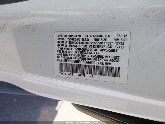 Aukcja sprzedaży 2012 Honda Odyssey Ex-l, vin: 5FNRL5H69CB066900, numer aukcji: 45847792