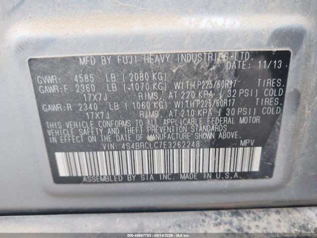 45847793 :رقم المزاد ، 4S4BRCLC7E3262248 vin ، 2014 Subaru Outback 2.5i Limited مزاد بيع