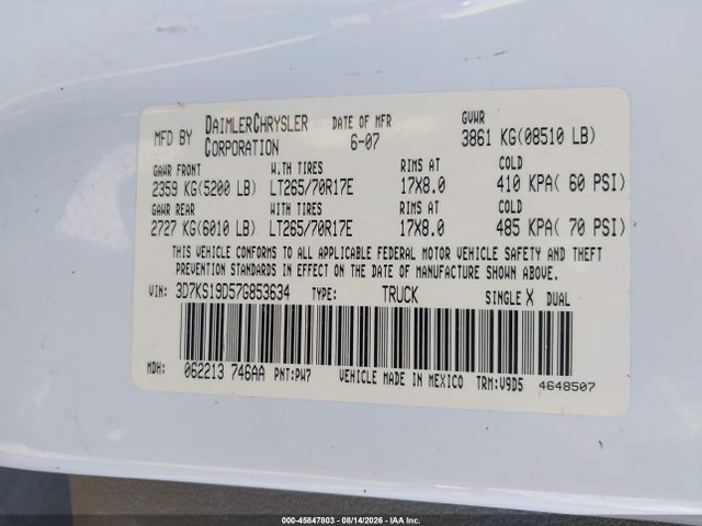 45847803 :رقم المزاد ، 3D7KS19D57G853634 vin ، 2007 Dodge Ram 1500 Slt مزاد بيع