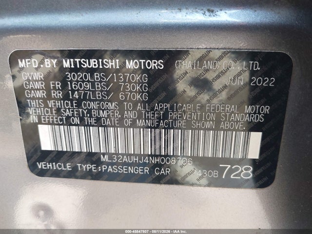Aukcja sprzedaży 2022 Mitsubishi Mirage Es, vin: ML32AUHJ4NH008706, numer aukcji: 45847807