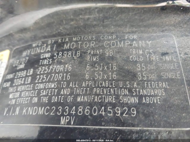 Продажа на аукционе авто 2008 Hyundai Entourage Gls/limited, vin: KNDMC233486045929, номер лота: 45847813