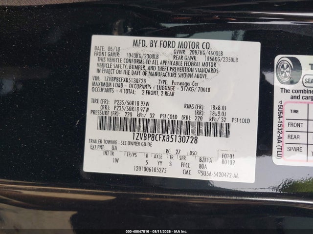 45847816 :رقم المزاد ، 1ZVBP8CFXB5130728 vin ، 2011 Ford Mustang Gt مزاد بيع
