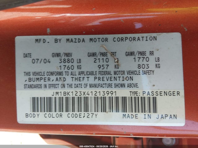 Продаж на аукціоні авто 2004 Mazda Mazda3 S, vin: JM1BK123X41213991, номер лоту: 45847824