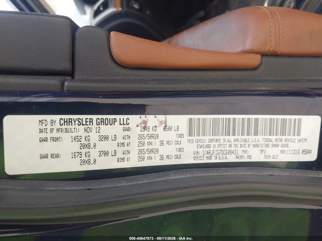 2013 Jeep Grand Cherokee Overland მანქანა იყიდება აუქციონზე, vin: 1C4RJFCG7DC609431, აუქციონის ნომერი: 45847873