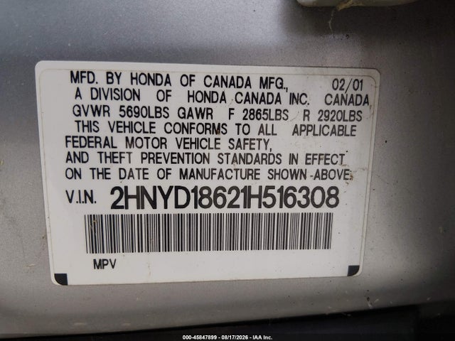 2001 Acura Mdx მანქანა იყიდება აუქციონზე, vin: 2HNYD18621H516308, აუქციონის ნომერი: 45847899