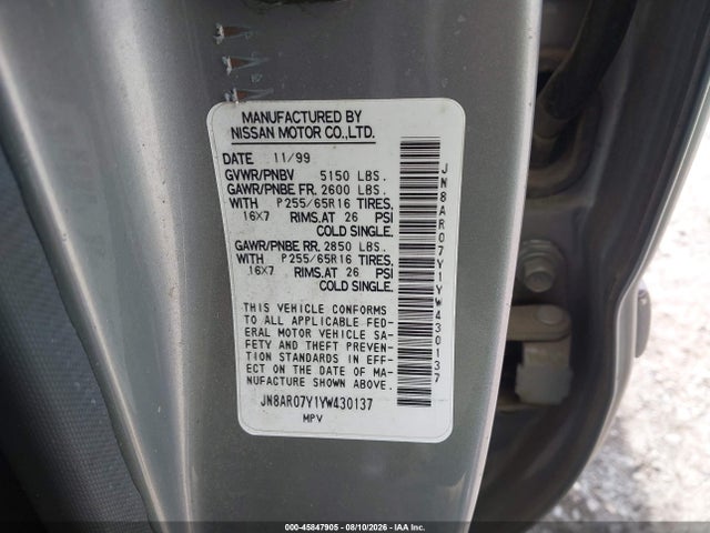 Aukcja sprzedaży 2000 Nissan Pathfinder Le/se/xe, vin: JN8AR07Y1YW430137, numer aukcji: 45847905