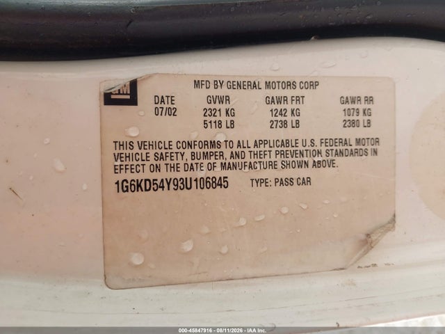 Aukcja sprzedaży 2003 Cadillac Deville Standard, vin: 1G6KD54Y93U106845, numer aukcji: 45847916