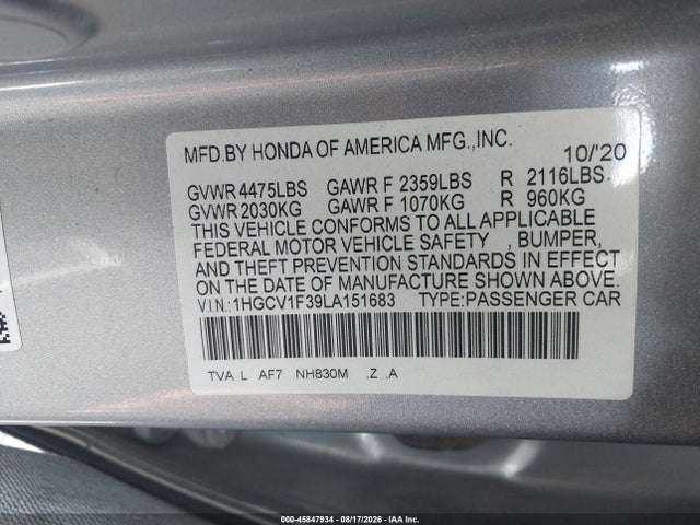 2020 Honda Accord Sport მანქანა იყიდება აუქციონზე, vin: 1HGCV1F39LA151683, აუქციონის ნომერი: 45847934