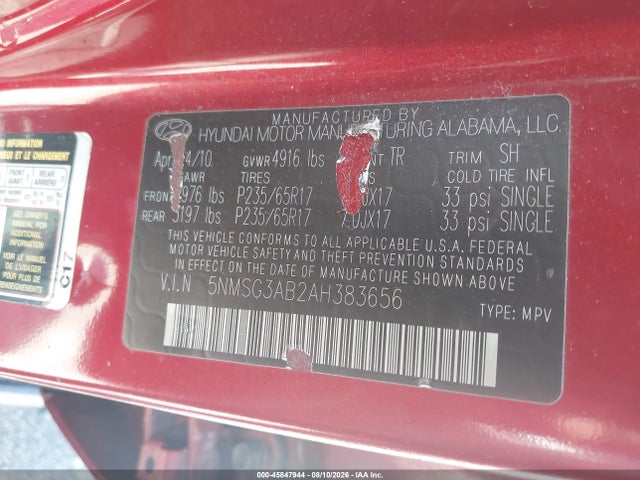 45847944 :رقم المزاد ، 5NMSG3AB2AH383656 vin ، 2010 Hyundai Santa Fe Gls مزاد بيع