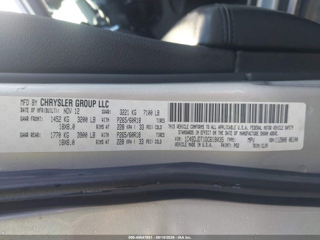 45847951 :رقم المزاد ، 1C4SDJDT1DC618035 vin ، 2013 Dodge Durango Crew مزاد بيع