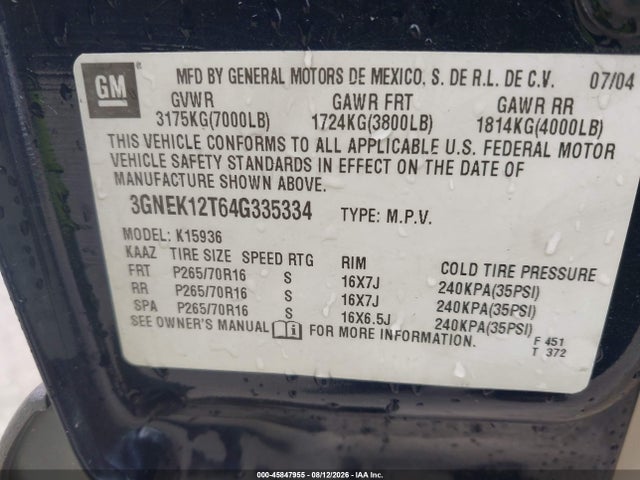Aukcja sprzedaży 2004 Chevrolet Avalanche 1500, vin: 3GNEK12T64G335334, numer aukcji: 45847955