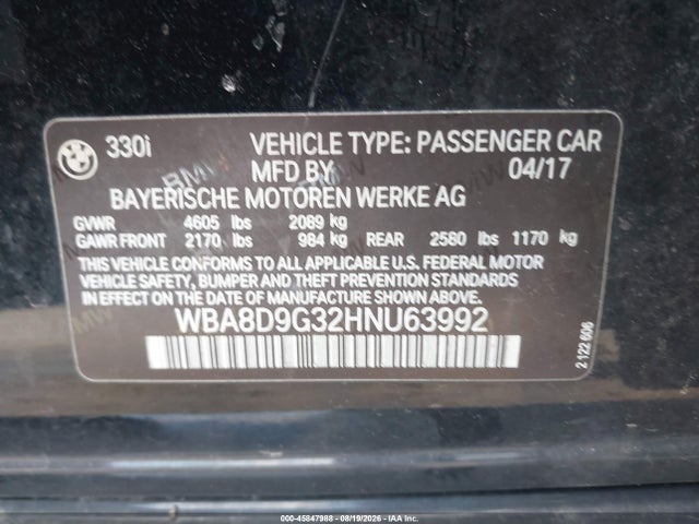 Aukcja sprzedaży 2017 Bmw 330i Xdrive, vin: WBA8D9G32HNU63992, numer aukcji: 45847988