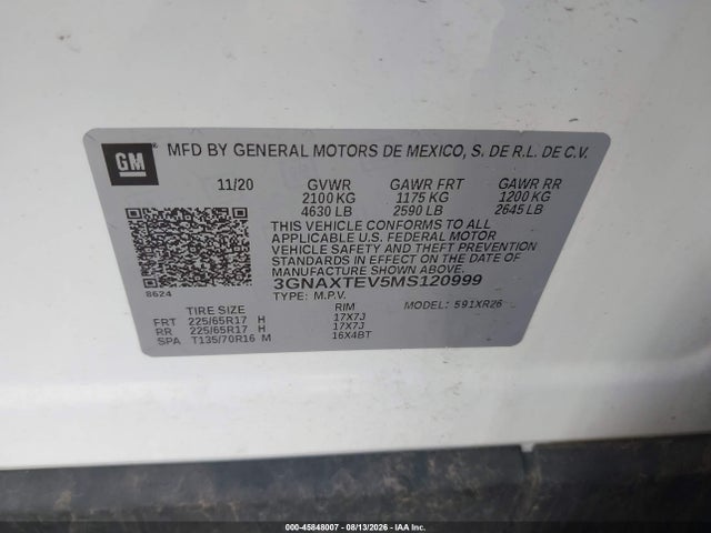 Продаж на аукціоні авто 2021 Chevrolet Equinox Awd 2fl, vin: 3GNAXTEV5MS120999, номер лоту: 45848007