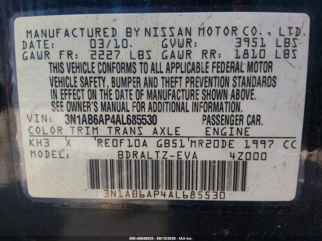 2010 Nissan Sentra 2.0s მანქანა იყიდება აუქციონზე, vin: 3N1AB6AP4AL685530, აუქციონის ნომერი: 45848020